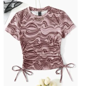 Girl's Marble Print Drawstring Side Ruched Tee Shirt - Picture 1 of 4