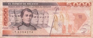 Mexico 5000 Pesos 24.2.1987 Series HQ Prefix T Circulated Banknote IJ 5 - Picture 1 of 2