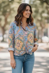 Rose & Olive Top Size 1X Tie Front Button Up Silky Chiffon Peasant Boho Artsy - Foto 1 di 12