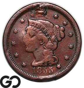 1855 Large Cent, Braided Hair, Upright 5's - Picture 1 of 3