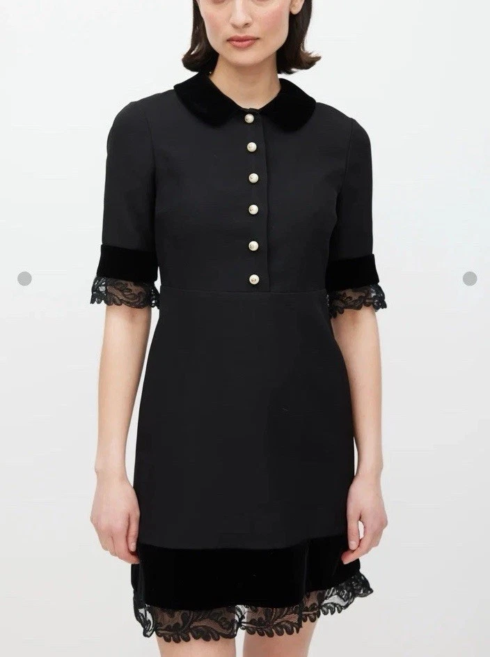 Vestido Gucci preto de seda renda pérola botão - Imagem 1 de 4