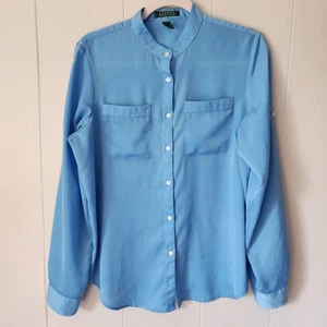 RALPH LAUREN Women Thin Lite Comfy Polyester Blouse Pocket Rich Dim Blue LARGE - Picture 1 of 7