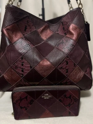 Authentic Coach Phoebe Metallic Patchwork Bag & Wallet Burgundy Leather x Suede - Image 1 of 4