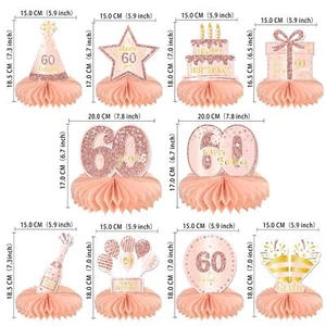 10pcs Rose Gold 60th Birthday Honeycomb Centerpieces for Women’s Birthday Party - Picture 1 of 2