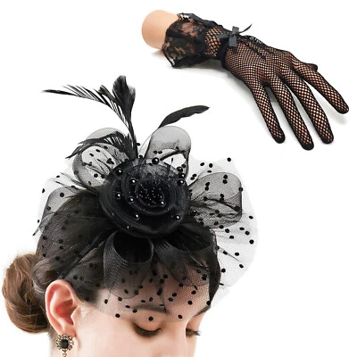 Women Fascinator Headband Gloves Set Church Kentucky Derby Hat Cocktail Party - Image 1 of 4