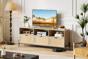 Rattan TV Stand for 75" TVs Media Console with 3 Drawers, for Living Room - Picture 1 of 9
