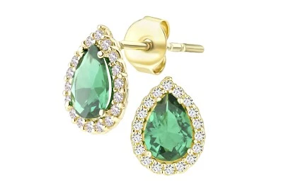 9ct Yellow Gold simulated EMERALD & CZ Teardrop Pear Cluster Stud Earrings - Image 1 of 4