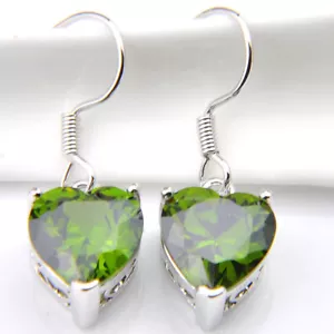 European Heart Shaped Real Olive Peridot Gems Silver Drop Dangle Earrings 22 Cts - Picture 1 of 6
