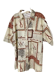 African Tribal VTG Print Mens SS Btn Up Shirt nuetral colorCotton Rayon Sz L -XL - Picture 1 of 9