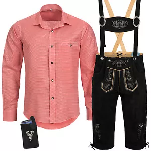 Trachten Set Herren Trachten Lederhose mit Tracht Träger Hemd Tasche Oktoberfest - Bild 1 von 8
