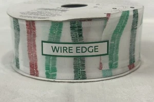 Place & Time - Wonderland Ribbon White Green And Red Stripes 1.5" Wire Edge NEW - Picture 1 of 3