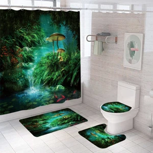 3D Forest Rainforest Print Shower Curtain Bath Mat Toilet Lid Bathroom Rug Set - Picture 1 of 6