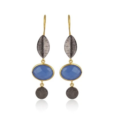Two Tone Gold & Black Fashion Earring With Blue Chalcedony Wedding Gift Jewelry - Image 1 of 4