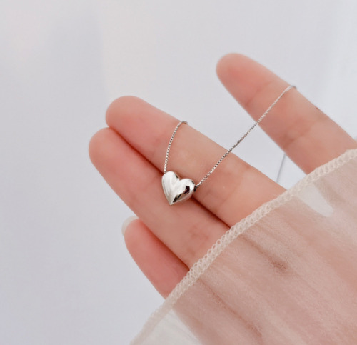 Women 925 Sterling Silver Plated Puff Heart Pendant Necklace Box Chain Gift S1