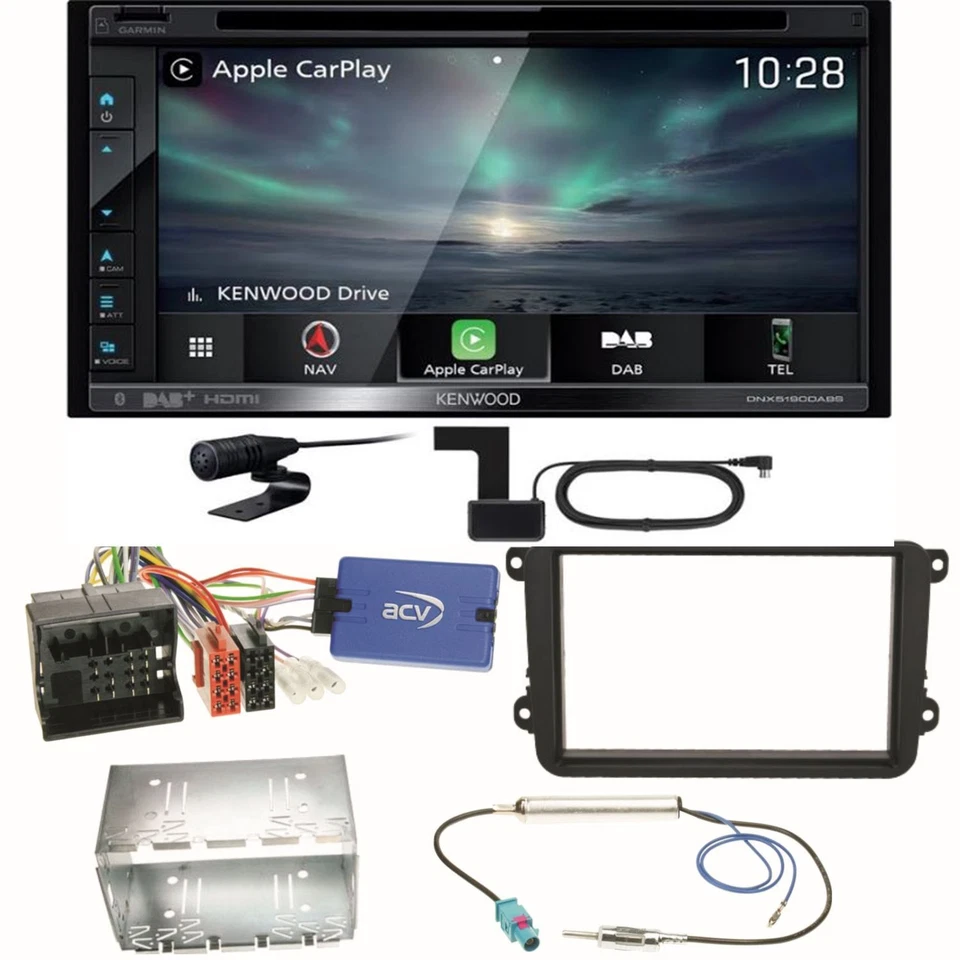 Kenwood DNX-5190DABS Navi Carplay Bluetooth Einbauset für Beetle Jetta Sharan T5 - Bild 1 von 1