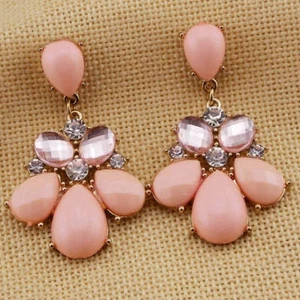 FAUX PINK OPAL retro vintage EARRINGS crystal chandelier 2.25"long GOLD FASHION - Picture 1 of 4