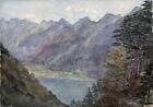 MOUNTAIN LAKE LANDSCAPE AT CAUX SWITZERLAND Antique Watercolour Painting 1908