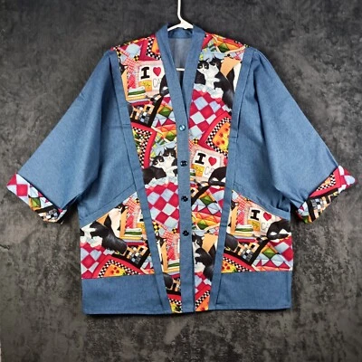 Chaqueta Médica Veterinarian Tech Mujer Azul Medio Denim Botón Frontal Estampado Gato Foto 1 de 4