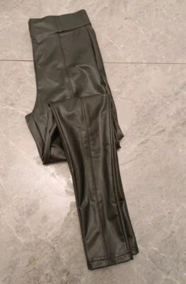 MARKS AND SPENCER M&S COLLECTION Leather Look High Waisted Leggings Size 12 Long DARK GREEN
