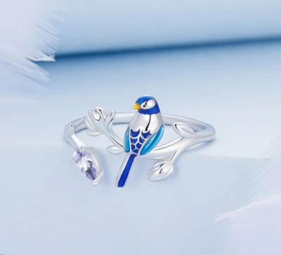 Anillo ajustable de platino de plata de ley 925 con rama de circón pájaro azul (talla 7-8) Foto 1 de 4