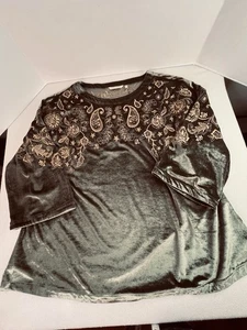 Soft Surroundings Women’s 1X Plus Olive Green Velour Tunic Gold Embroidery - Picture 1 of 12