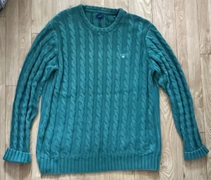 GANT Jumper Mens UK M 42 Slim Green Cable Knit Cotton Embroidered Crest Logo GC - Picture 1 of 16