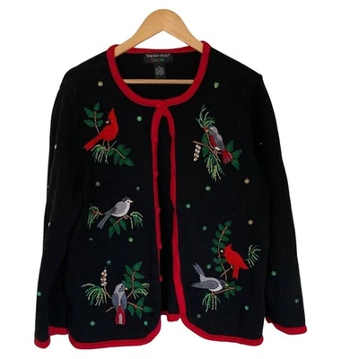 Vtg Hampshire Studio SNOW Black Cardigan Size XL Bird Embroidery Holiday Season - Image 1 of 4