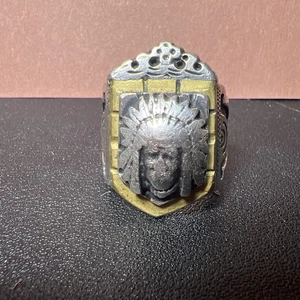 Brass & Sterling Silver Crown Aztec Indian Chief Mexican Biker Ring Sz 9.25 - Picture 1 of 11