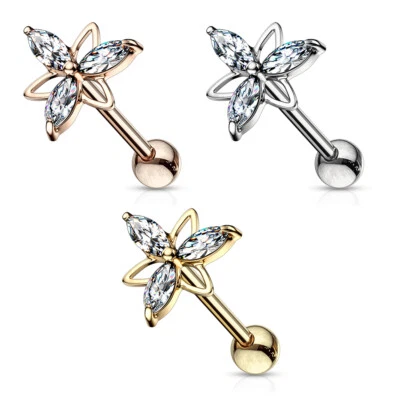 Helix Piercing Acciaio Inox Orecchini Triangolo Fiore Zirconia Argento Rosa - Immagine 1 di 4