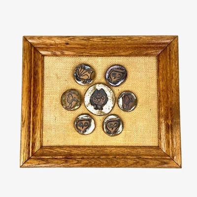 VTG Bird Owl Studio Pottery Mounted Stamped Medallions Framed Burlap 1970s - Image 1 of 4