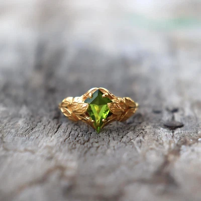 Nature Inspired Peridot Ring Gold Plated 925 Silver Ring Women's Gift for him - Image 1 of 4