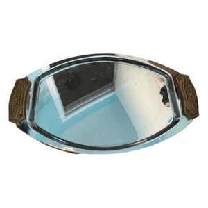 Vintage MCM Kromex Serving Tray Silver Chrome Faux Wood Handles Mid Century Mode - Picture 1 of 7