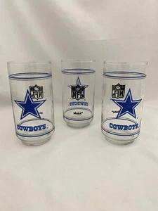 3 Vintage NFL Dallas Cowboys Glass Mobil Drinking 5.5 Inch Tall 12oz Blue Star - Picture 1 of 4