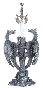 FIGURA DE DRAGONES DE PLATA DOBLES DE 14 PULGADAS DE ALTO CON ESPADA - Imagen 1 de 1