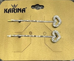 2 Karina Silver Tone White Rhinestone Heart Bobby Pins Hair Up-Do NOS - Picture 1 of 3