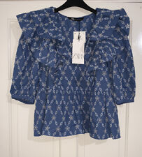 ZARA SS20 BLUE CUTWORK EMBROIDERED PUFF SLEEVES BLOUSE V-NECK SIZE M