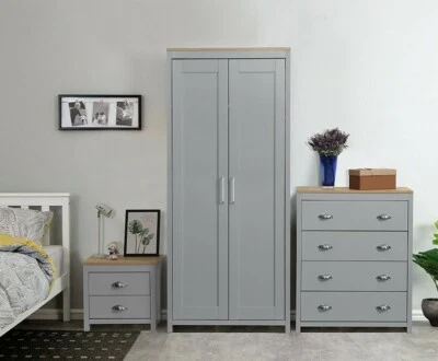 CLOUD NINE FURNITURE Bedroom Furniture Trio Set 2 Door Wardrobe Bedside Table Drawers Grey White