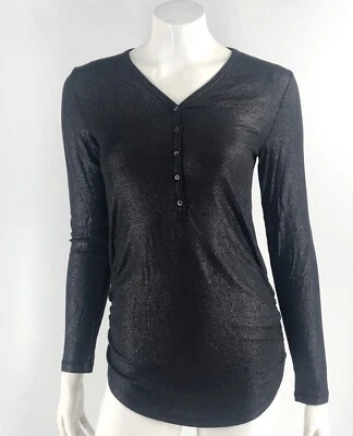 Gap Maternity Top Size Small Black Sparkly Shimmer Henley Ruched Sides Tee NEW - Image 1 of 4