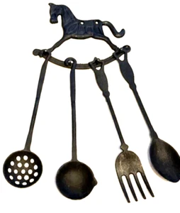 Vintage Cast Iron Hanging Kitchen Utensils Horse Rack Slotted Spoon Set - Picture 1 of 11