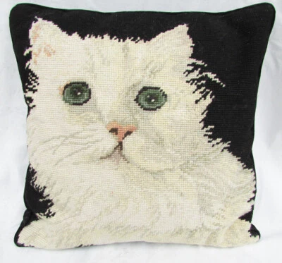 Needlepoint cat pillow cream white cat black velveteen zipper access 14" square - Image 1 of 2