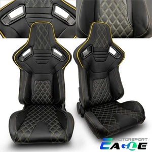 JDM Universal Black PVC Yellow Line Racing Seats Left&Right w/Slider Pair - Picture 1 of 7