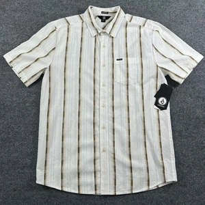 Volcom Barrun Stripe Shirt Mens Large White Tan Button Up Classic Fit Pocket - Picture 1 of 9