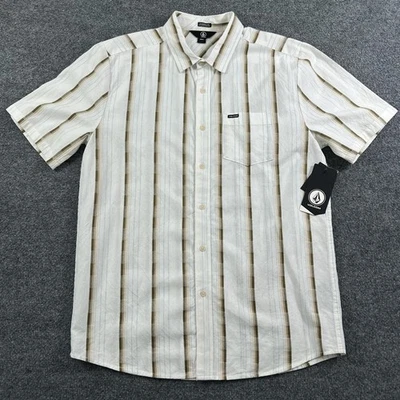 Volcom Barrun Stripe Shirt Mens Large White Tan Button Up Classic Fit Pocket - Image 1 of 4