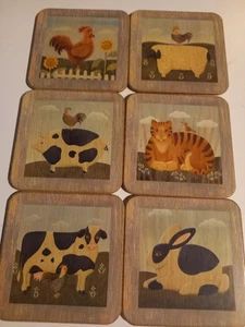 PIMPERNEL VINTAGE WOODEN FARMHOUSE ANIMAL COASTERS SET OF 6 - Picture 1 of 9