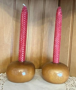 Vintage Myrtenholz MCM runde Kerzenständer Messingeinsätze Kegelkerzenhalter - Bild 1 von 5