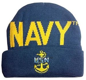 UNITED STATES US NAVY TEXT LOGO DARK BLUE CUFFED KNIT BEANIE WINTER HAT SKI CAP - Picture 1 of 1