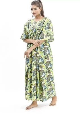 Vintage Indian Block Print Long Maxi Dress Boho Beachwear Cotton Kaftan Caftan - Image 1 of 4