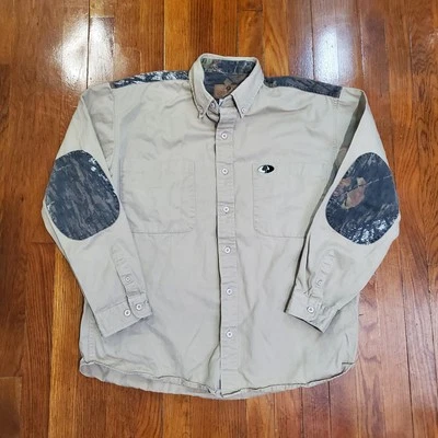 Mossy Oak Men's Camo Accent Shirt Sz Large Button Front Long Sleeve Elbow Patch - Image 1 of 4