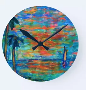 Sunset Wall Clock Paradise Sea Palm Tree Beach Ocean Dusk Till Dawn Colourful - Picture 1 of 2