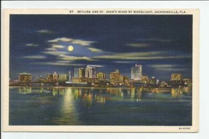 Skyline e St Johns River al chiaro di luna Jacksonville Florida cartolina d'epoca FL - Foto 1 di 2